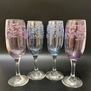 4pcs Cristalleria Fratelli Fumo Floral Leaf Blue & Purple Italian Wine Glasses